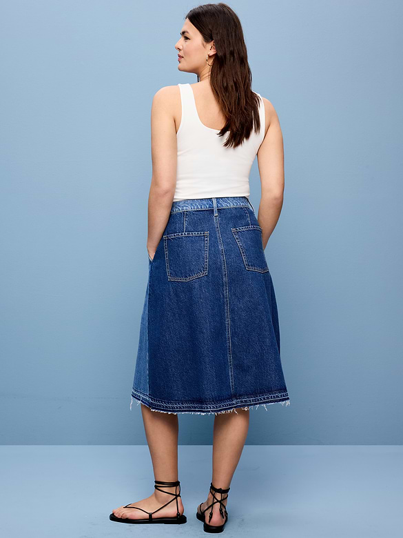 Reconstructed Pleated Denim Midi Skirt