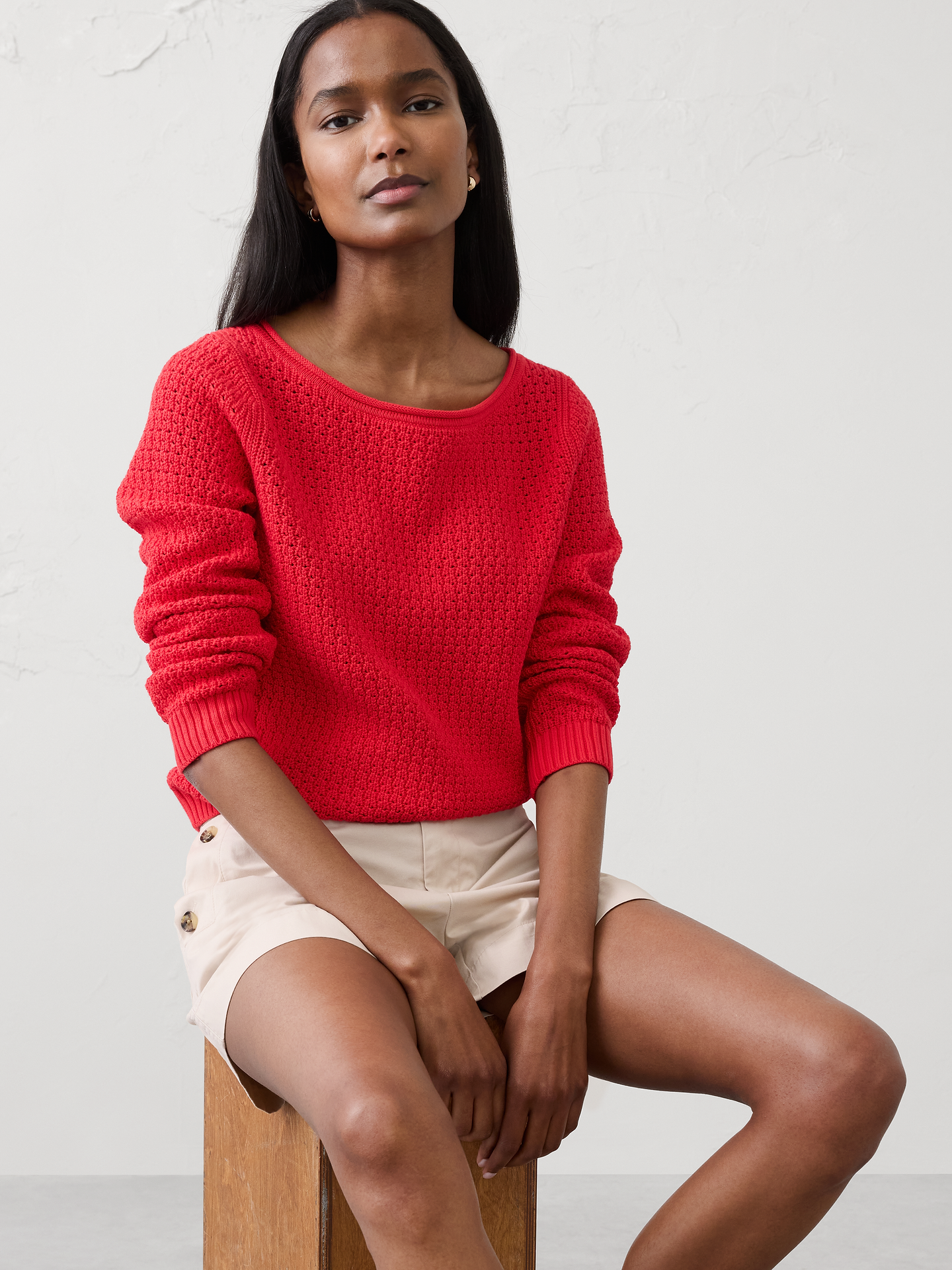 Image number 1 showing, Cotton Boatneck Crochet Sweater