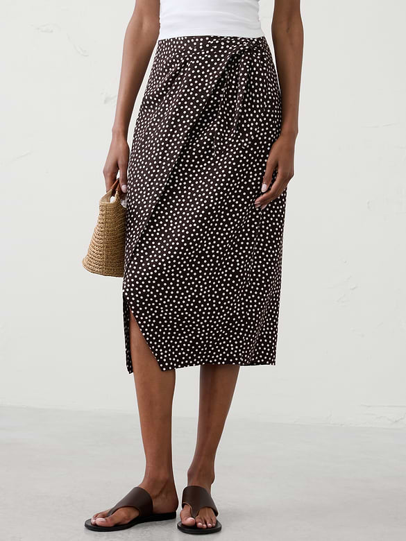Linen-Blend Faux-Wrap Midi Skirt