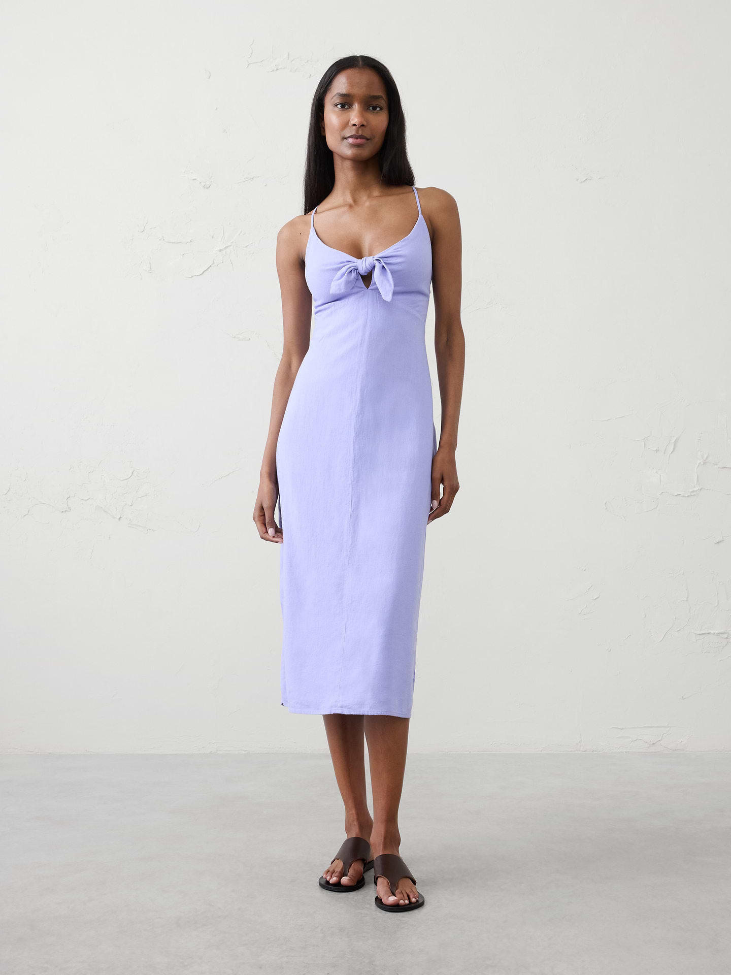Image number 1 showing, Linen-Blend Tie-Front Midi Dress