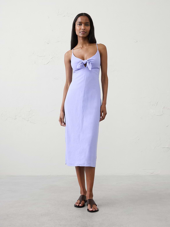 Linen-Blend Tie-Front Midi Dress