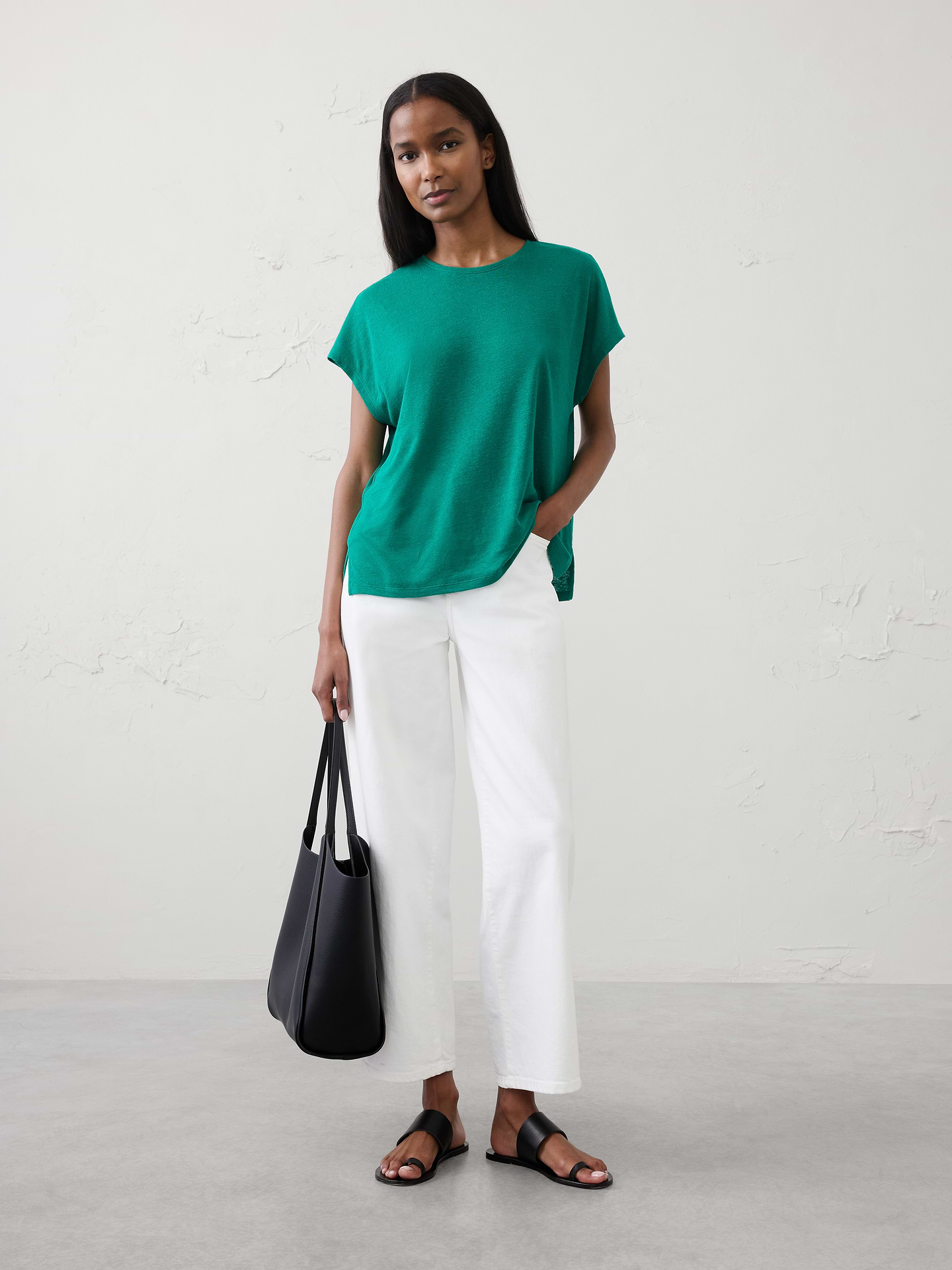 Image 1 of 4, LINEN-BLEND: This light and breathable fabric is a must for those warm days and styles effortlessly for all occasions., Crew neck. Cap sleeves., Straight hem with side slits., Made exclusively for Banana Republic Factory., Product #872872