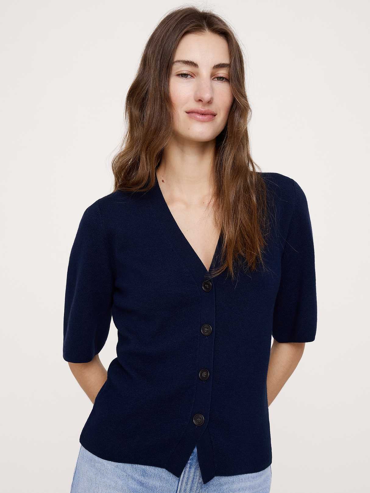 Larkspur Cotton-Silk Short-Sleeve Cardigan | Banana Republic