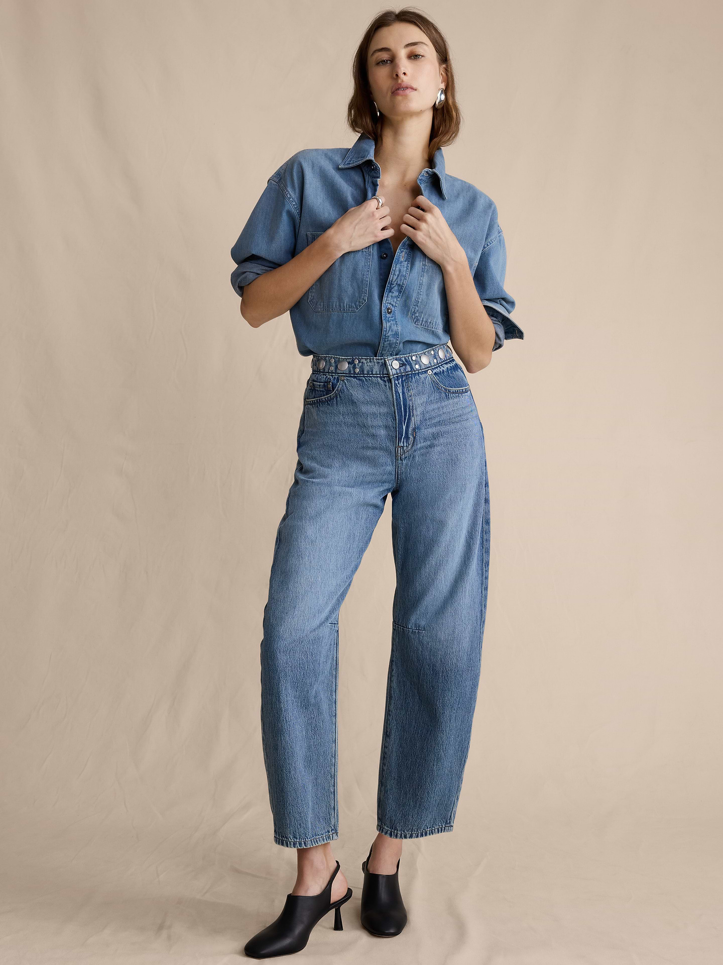 Image number 1 showing, Mid-Rise Barrel Studded Ankle Jean