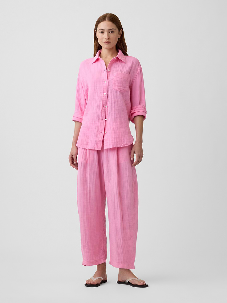 Image number 1 showing, Mid Rise Pull-On Barrel Gauze Pants