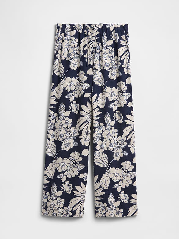 Mid Rise Pull-On Wide-Leg Linen-Blend Pants