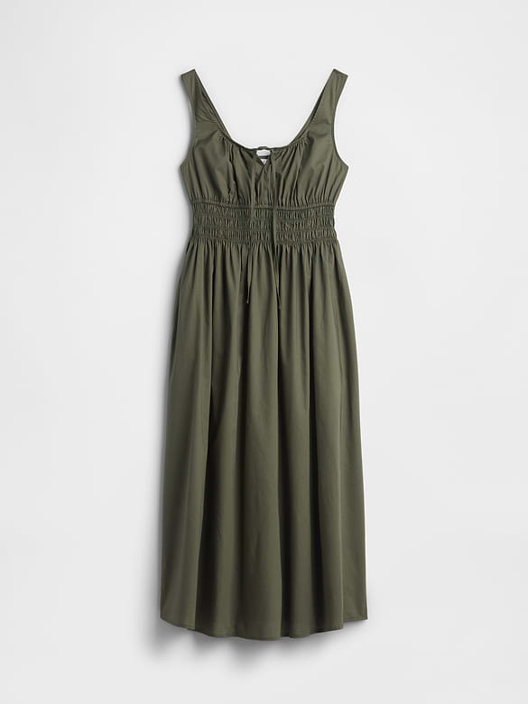 Smocked Tie-Front Midi Dress