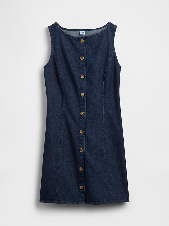 Boatneck Button-Front Mini Dress