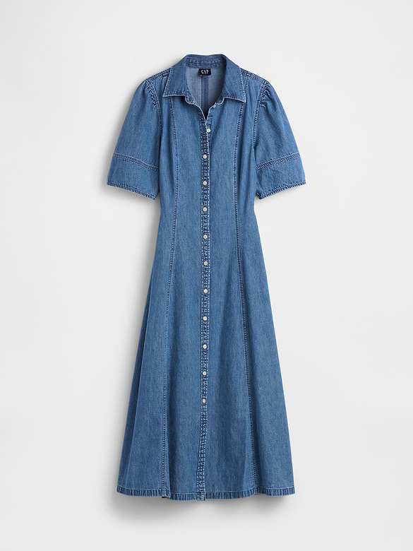 Denim Barrel-Sleeve Midi Shirtdress