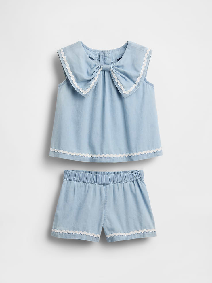 Image number 2 showing, Baby & Toddler Denim Bow Outfit Set