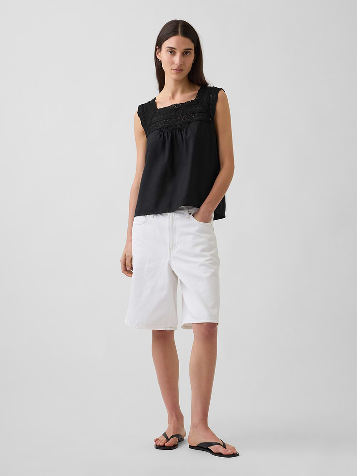 Image number 2 showing, Linen-Blend Crochet Square-Neck Top