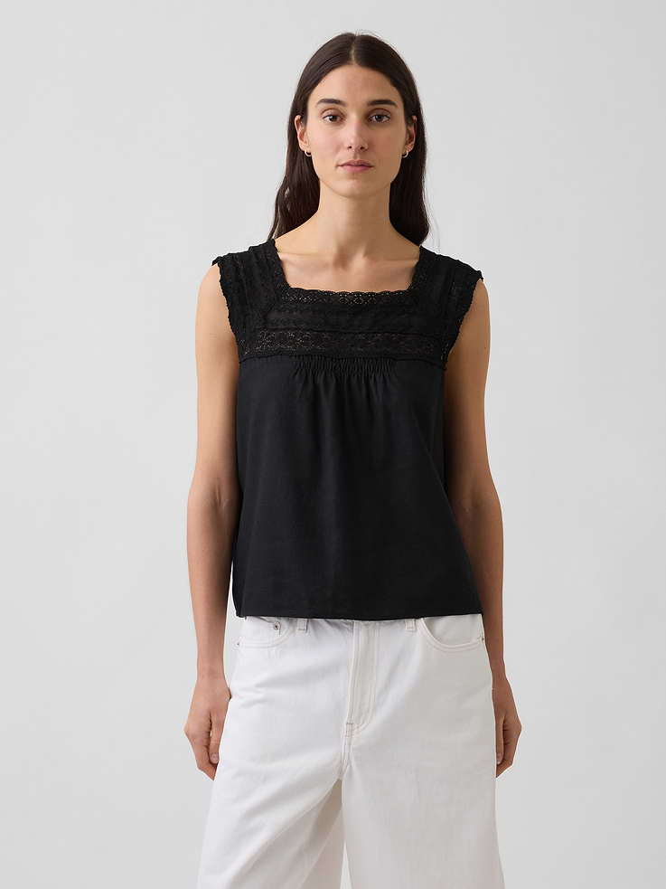 Image number 1 showing, Linen-Blend Crochet Square-Neck Top