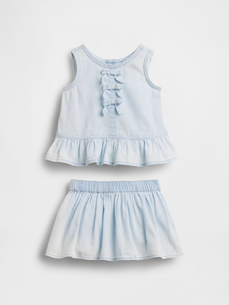 Image number 1 showing, Baby Denim Bow Outfit Set