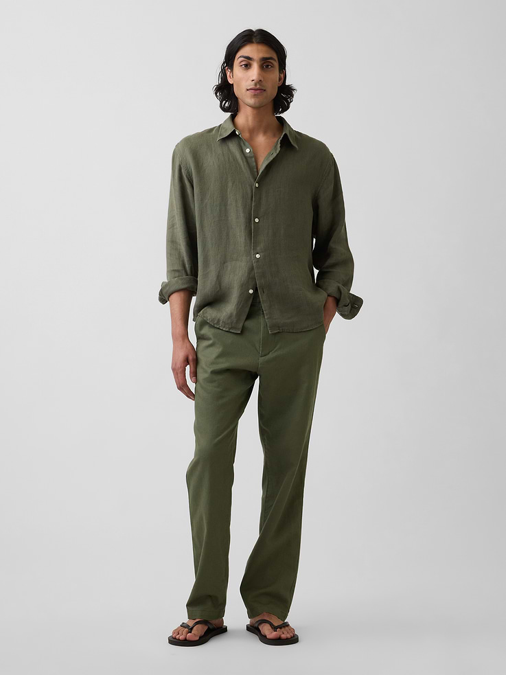 Image number 1 showing, Linen-Cotton Relaxed Straight Trousers