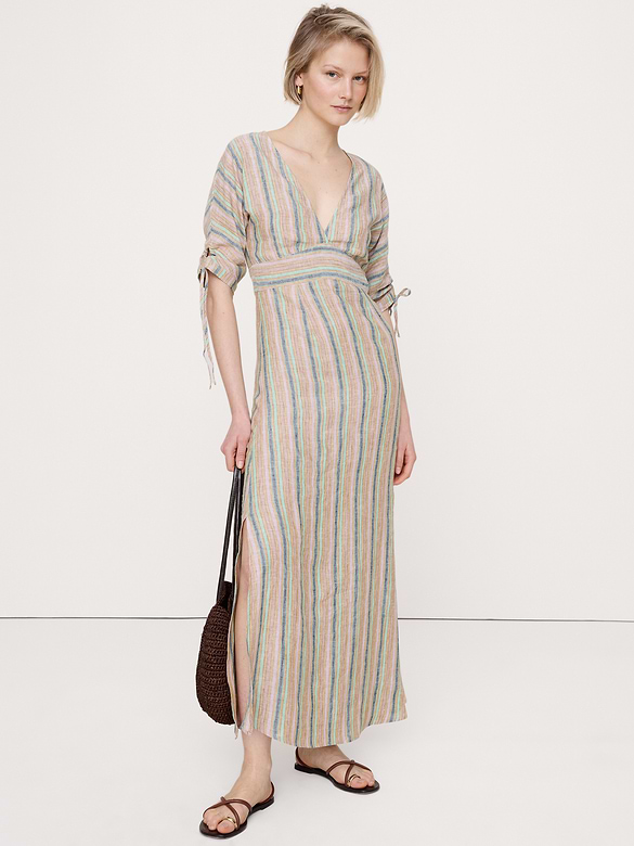 Linen Tie-Sleeve Midi Dress