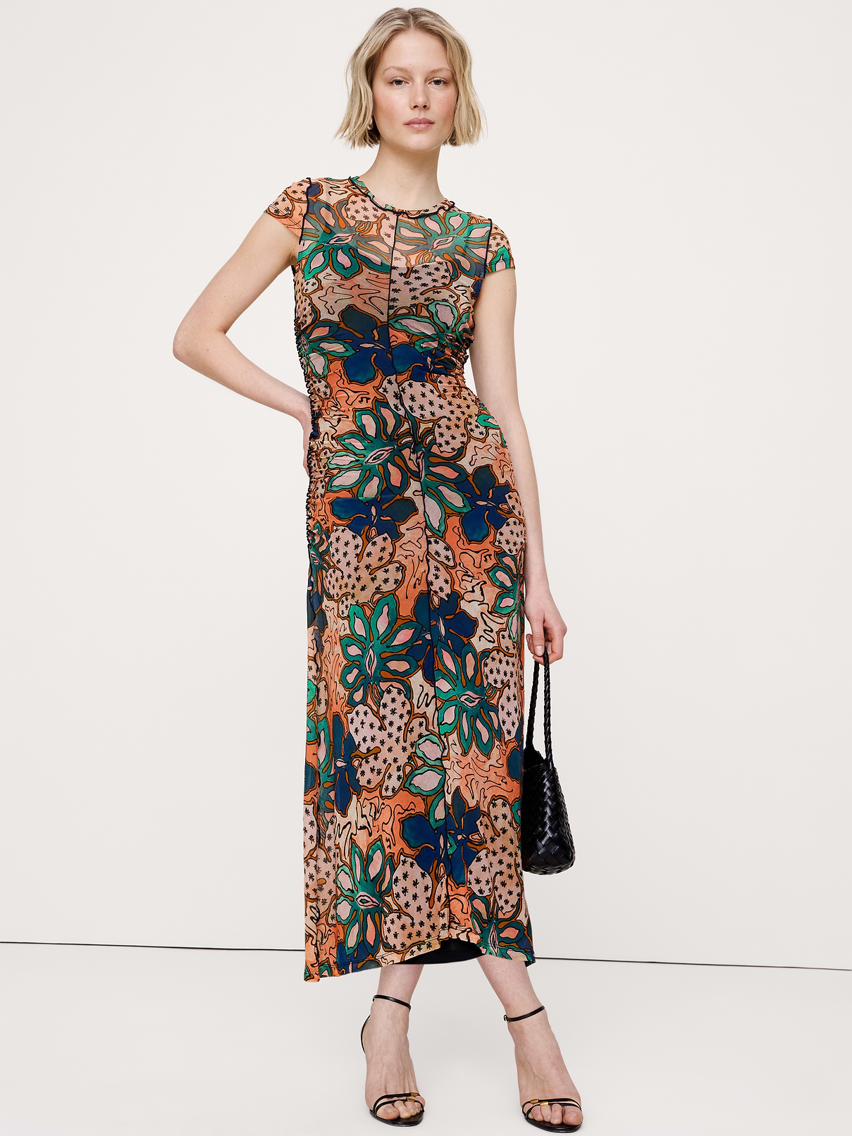 Ruched Mesh Short-Sleeve Midi Dress