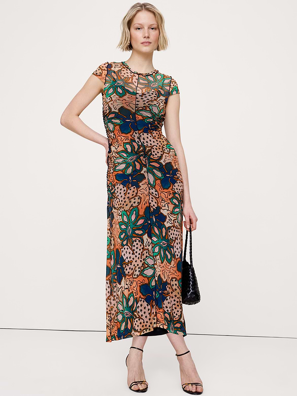 Ruched Mesh Short-Sleeve Midi Dress