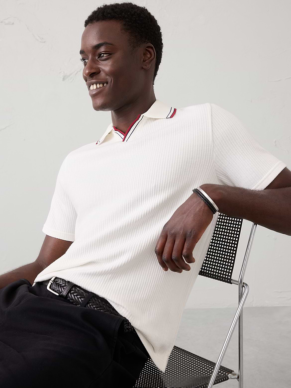 Crinkle Ribbed Johnny-Collar Polo