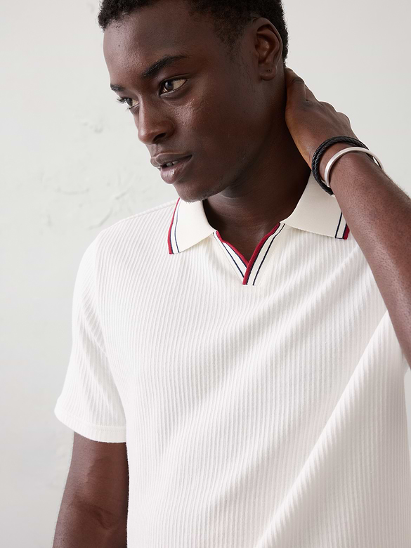Crinkle Ribbed Johnny-Collar Polo