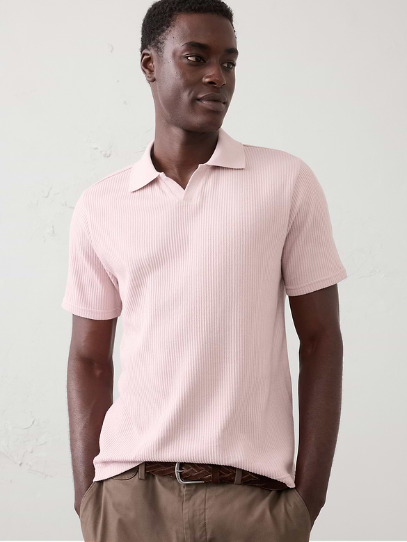 Crinkle Ribbed Johnny-Collar Polo