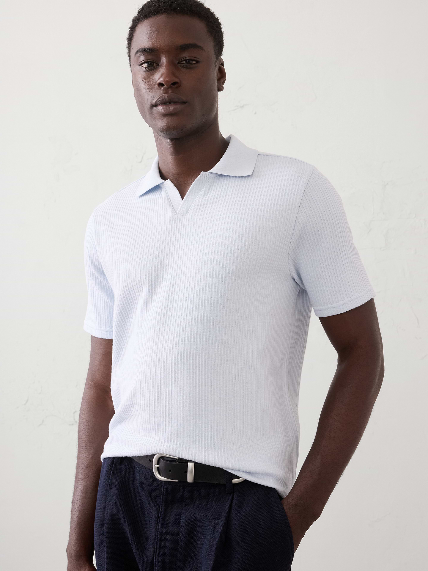 Image number 1 showing, Crinkle Ribbed Johnny-Collar Polo