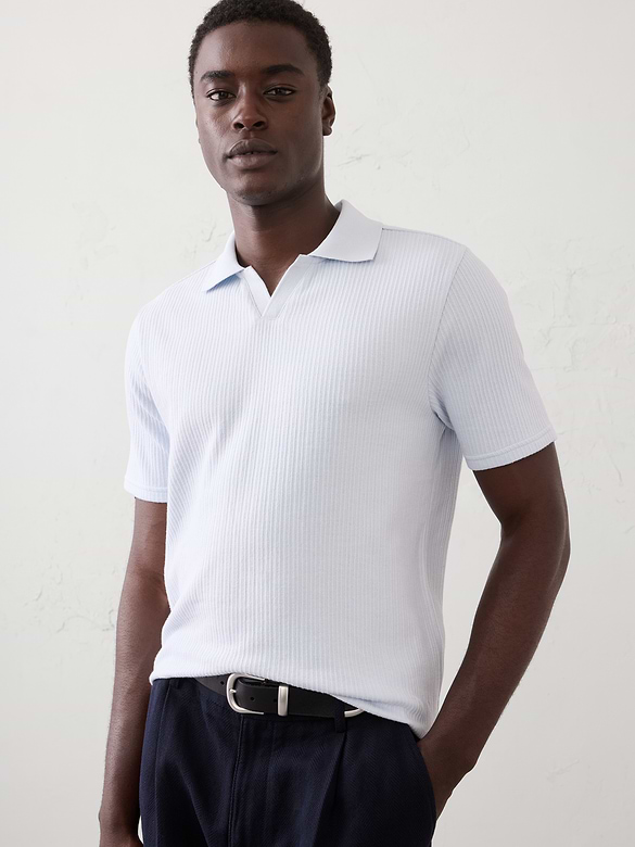 Crinkle Ribbed Johnny-Collar Polo
