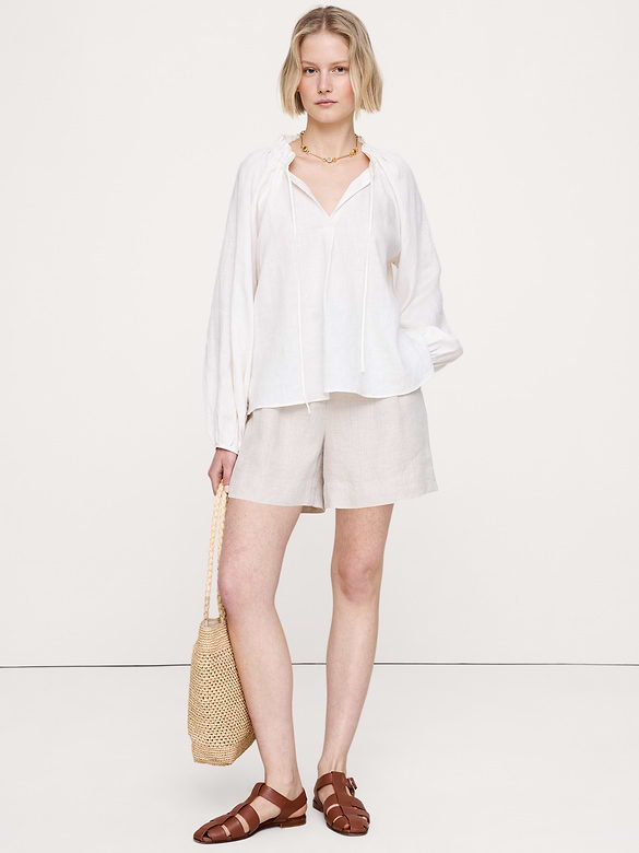 Linen Ruffle-Neck Top