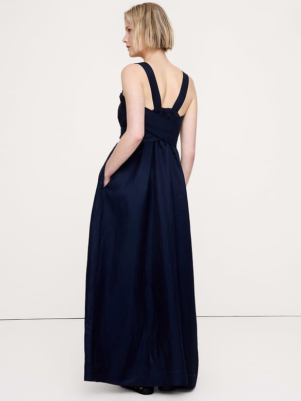 Viscose-Linen Gathered Maxi Dress