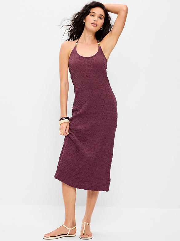 Beaded Halter-Neck Textured Midi Dress