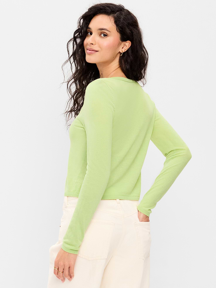 Image number 2 showing, Merino Wool-Blend Sheer Cropped V-Neck Cardigan
