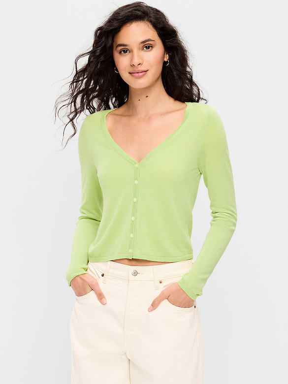 Merino Wool-Blend Sheer Cropped V-Neck Cardigan