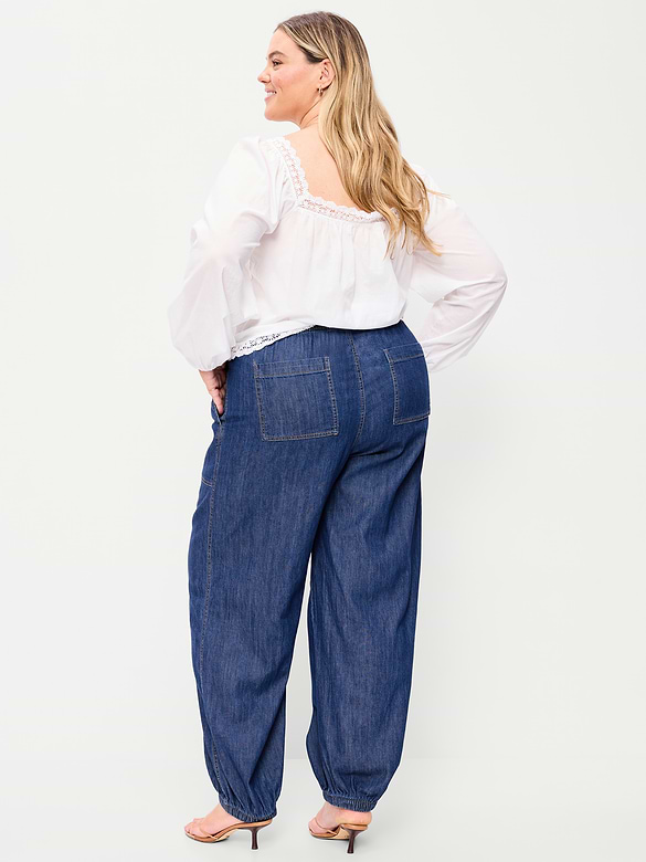 Mid-Rise Pull-On Utility Harem Denim Pants