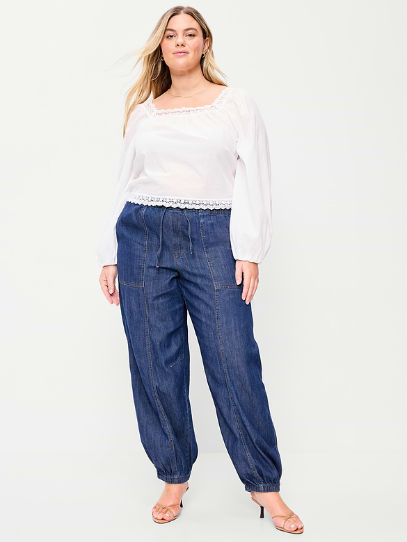 Mid-Rise Pull-On Utility Harem Denim Pants
