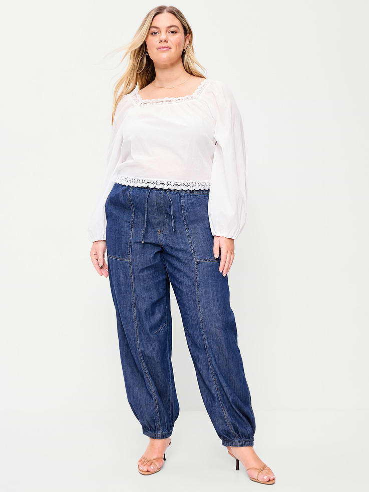 Image number 8 showing, Mid-Rise Pull-On Utility Harem Denim Pants