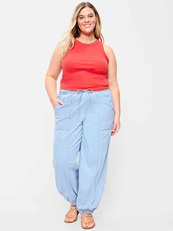 Mid-Rise Pull-On Utility Harem Denim Pants