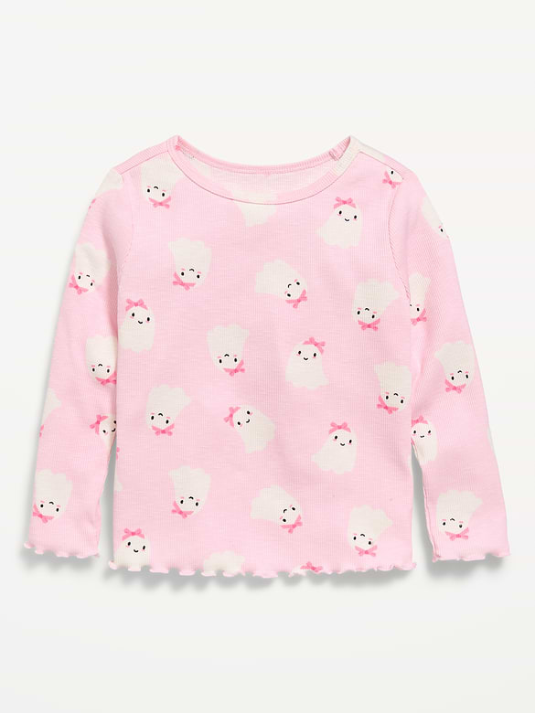 Printed Fitted Long-Sleeve Ribbed T-Shirt for Toddler Girls