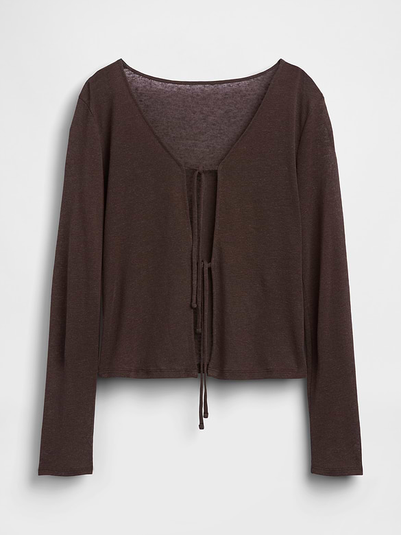 Linen-Blend Tie-Front Cardigan