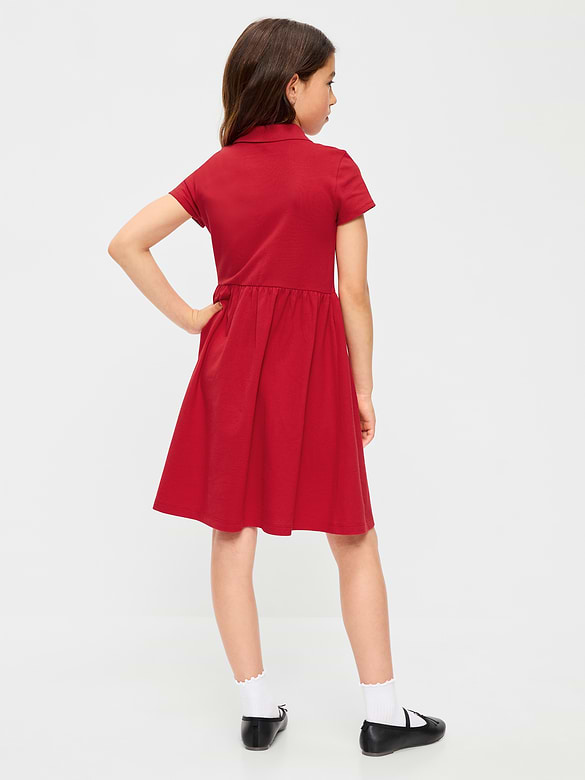 School Uniform Fit and Flare Pique Polo Dress for Girls