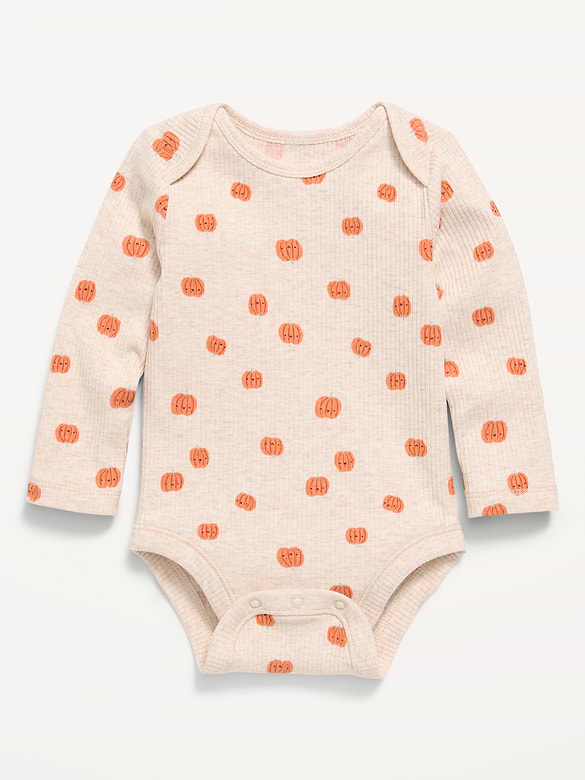 Printed Unisex Long-Sleeve Ribbed Bodysuit for Baby
