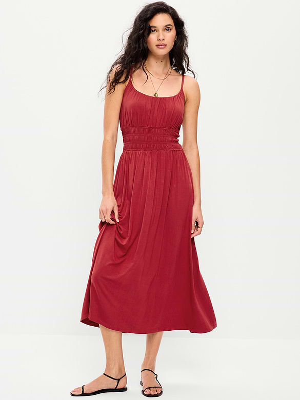 Fit & Flare Jersey Smocked-Waist Midi Dress
