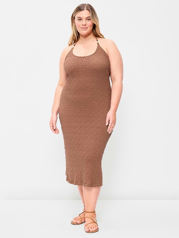 Beaded Halter-Neck Textured Midi Dress
