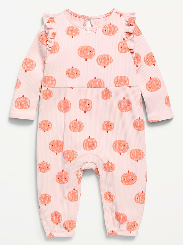 Printed Long-Sleeve Ruffle-Trim One-Piece for Baby
