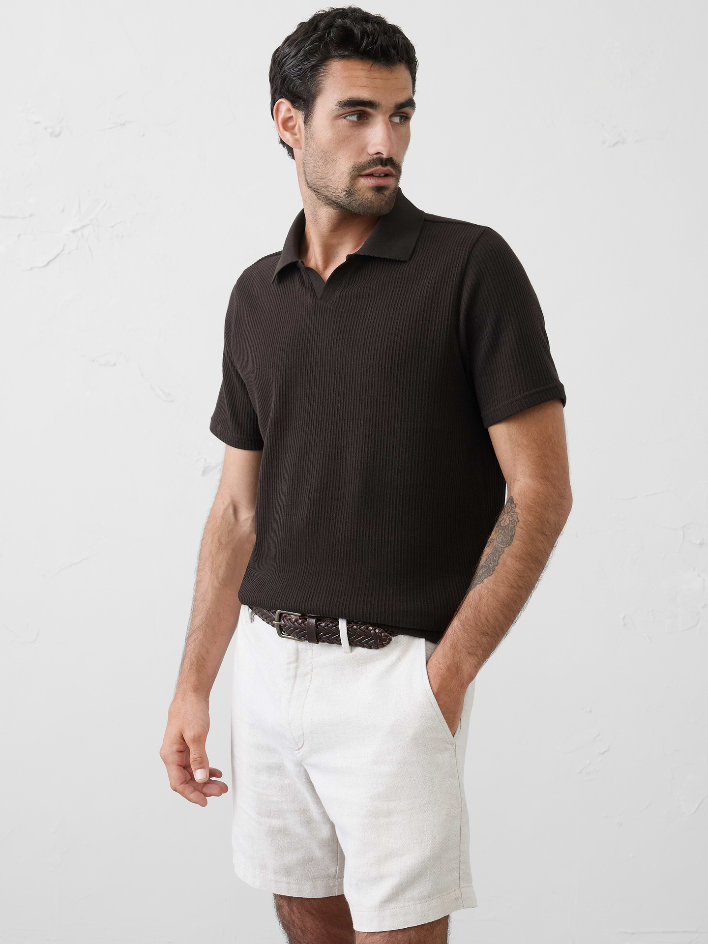 Image number 1 showing, Crinkle Ribbed Johnny-Collar Polo