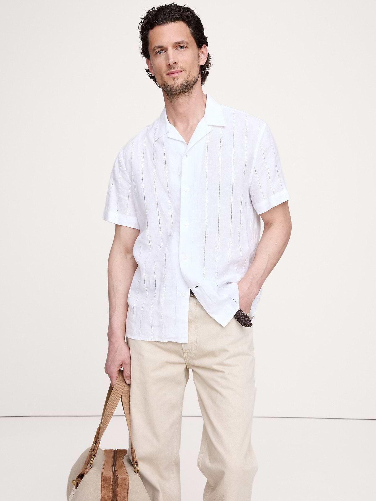 Standard-Fit Linen-Cotton Eyelet Stripe Resort Shirt | Banana Republic