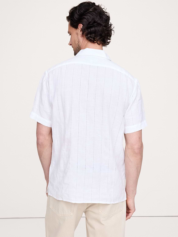 Standard-Fit Linen-Cotton Eyelet Stripe Resort Shirt