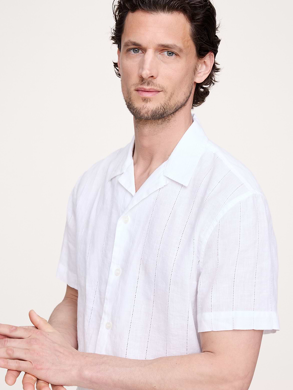 Standard-Fit Linen-Cotton Eyelet Stripe Resort Shirt