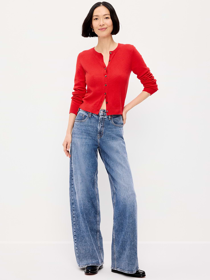 Image number 1 showing, High-Waisted Baggy Wide-Leg Stretch Jeans