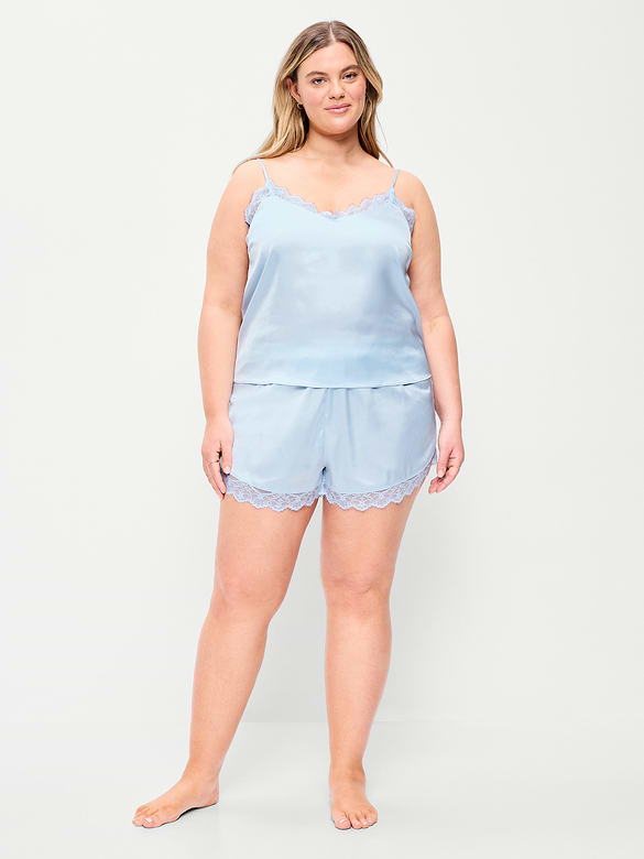 Satin Lace-Trim Pajama Tank and Shorts Set