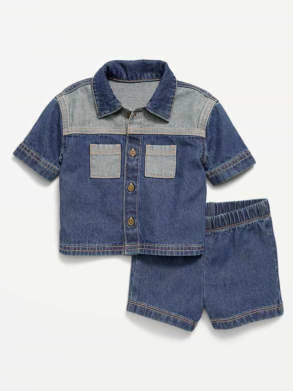 Short-Sleeve Denim Shirt and Shorts Set for Baby