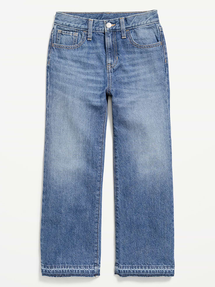 Image 1 of 1, interior adjustable waistband, snap button closure (sizes 5-8), regular button closure (sizes 10-20), zip fly, scoop pockets and coin pocket, patch pockets at back, wide leg opening with raw hem, Product #908680